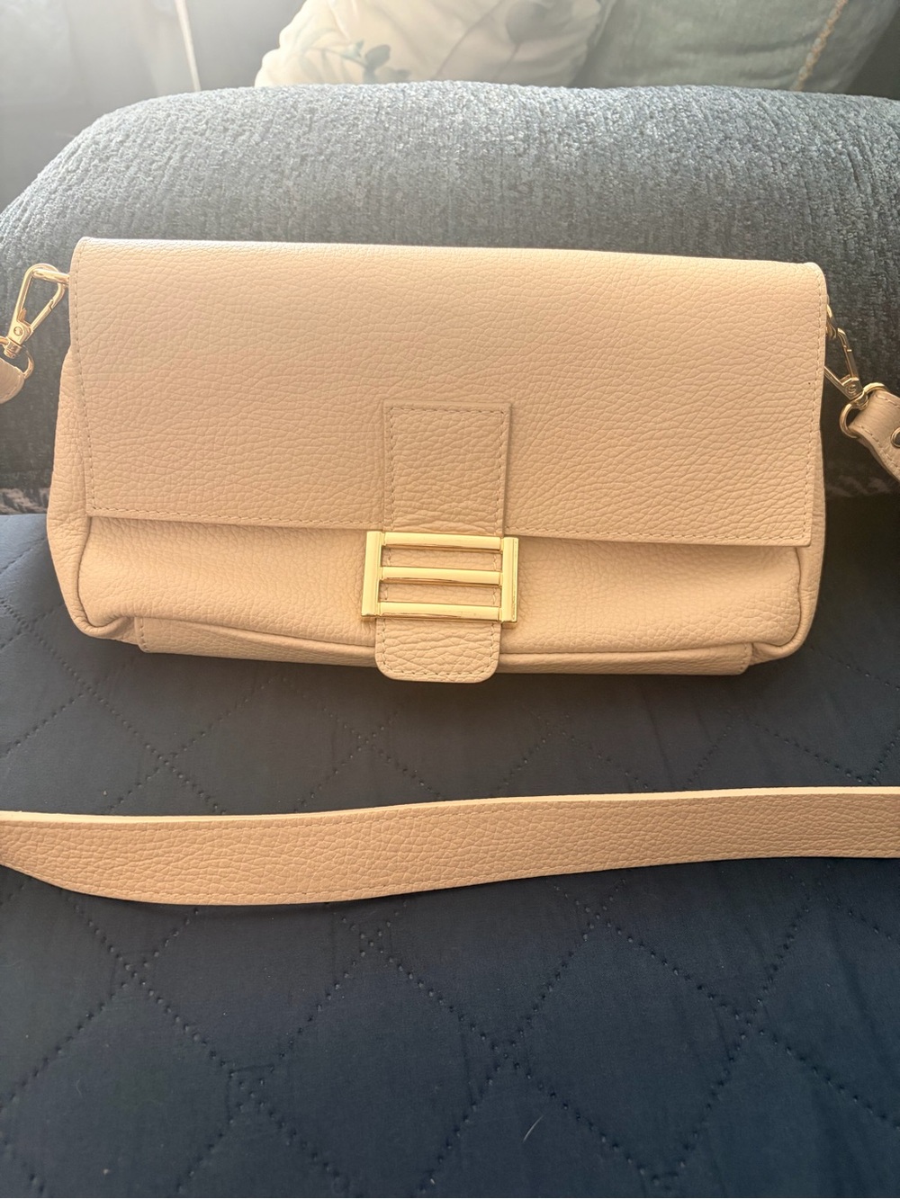 Neutral Beige Pebbled Leather Crossbody with Gold Accent